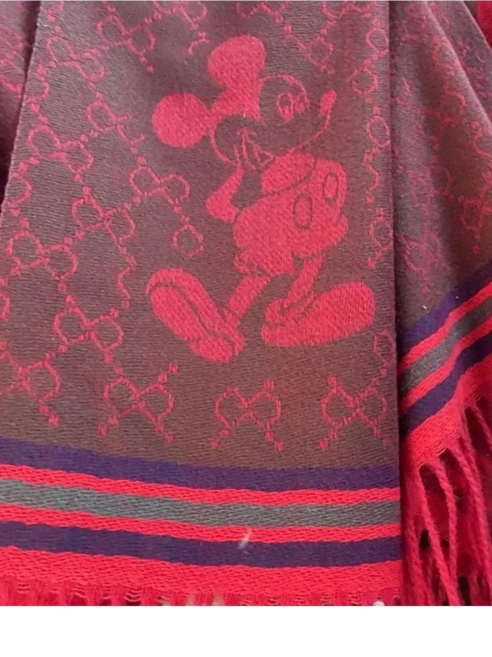 Designer Red & Brown Logo Jacquard Scarf with Fringe